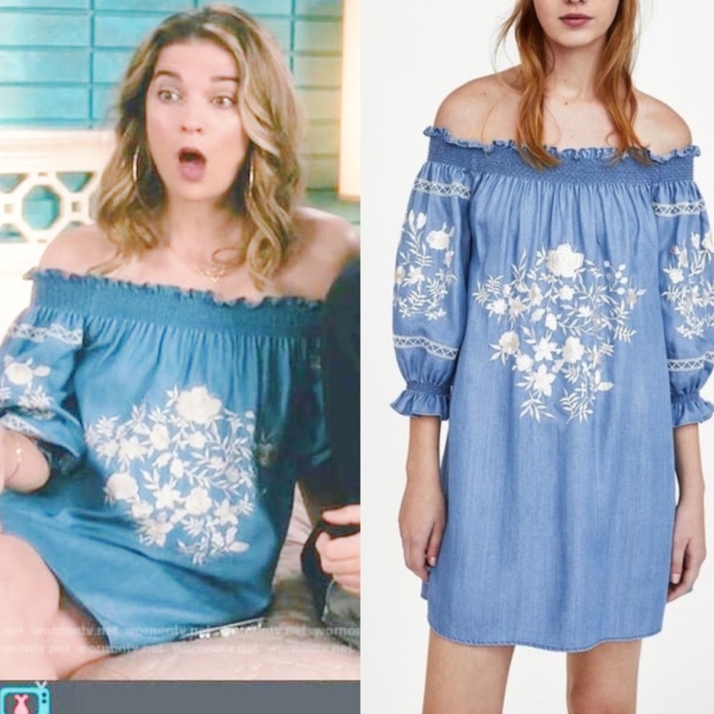 ASO TV ZARA Embroidered Off Shoulder Chambray Dress Lyocell Size S
